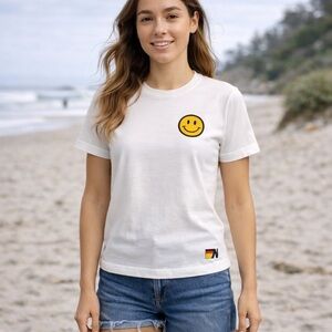 Aviator Nation Smiley Face Graphic Tee White Yellow Logo Soft Tee Small